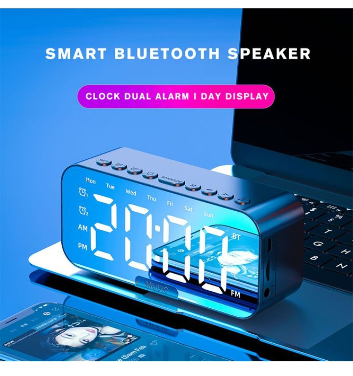 Bluetooth Speaker With Microphone Mirror With Clock FM Time Radio Music Player