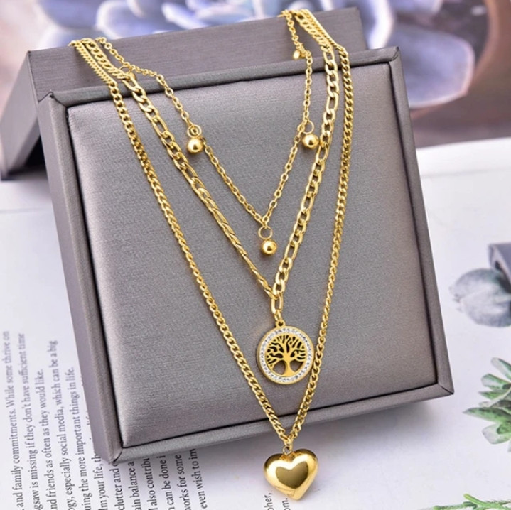 Stainless Steel Necklaces for Women Multi Layer Golden Bean Life Tree Heart Pendant Choker Chains Exquisite Jewelry Gifts