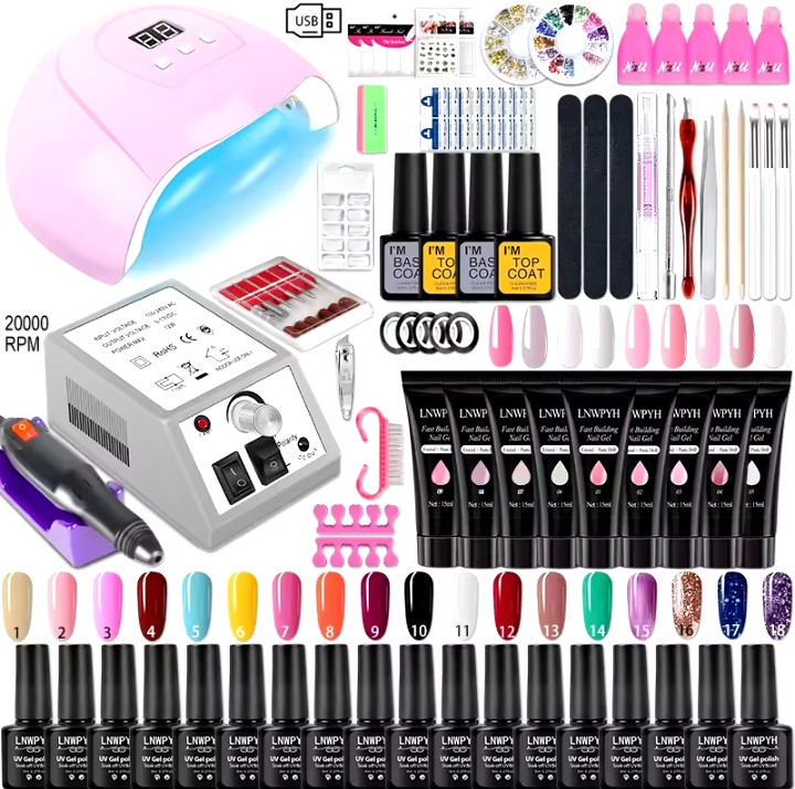 Nail Gel Kit With LED Nail Light Dryer Nail Drill Machine Poly Nail Extension Gel Varnish Kit Soak Off Polish Manicure Tools Kit