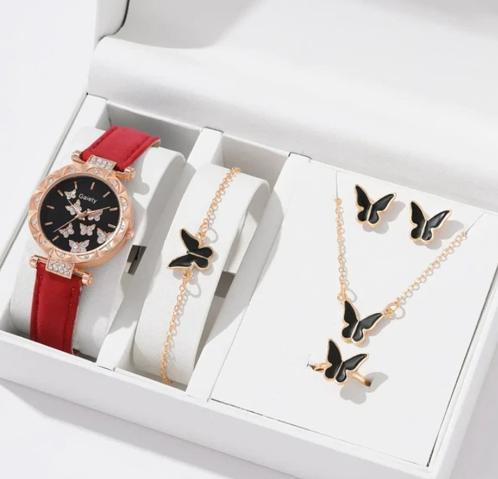 6/1pcs Set Women Watch Ring Necklace Earrings Bracelet Set Watches Butterfly Leather Strap Ladies Quartz WristWatch (No Box) Quality set