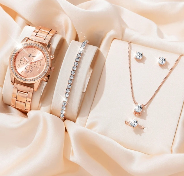 6PCS Set Luxury Watch Women Ring Necklace Earrings Rhinestone Fashion Wristwatch Female Casual Ladies Watches Bracelet Set Clock Quality set