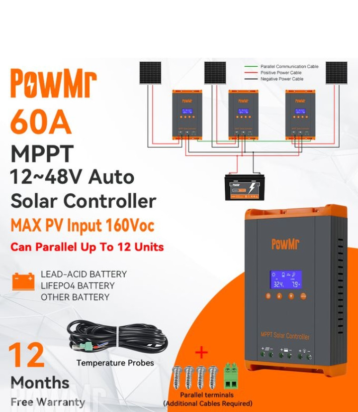 PowMr 60A MPPT Solar Charge Controller Support Parallel 12