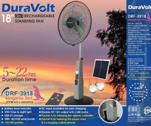 Duravolt 18'Inch Rechargeable Solar Standing Fan+ Solar Panel